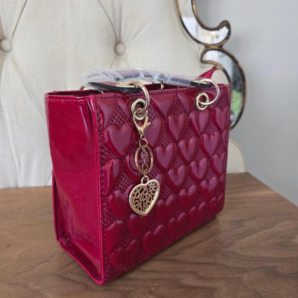 New Red Patent Heart Quilted Handbag With Crossbody Strap & Charm